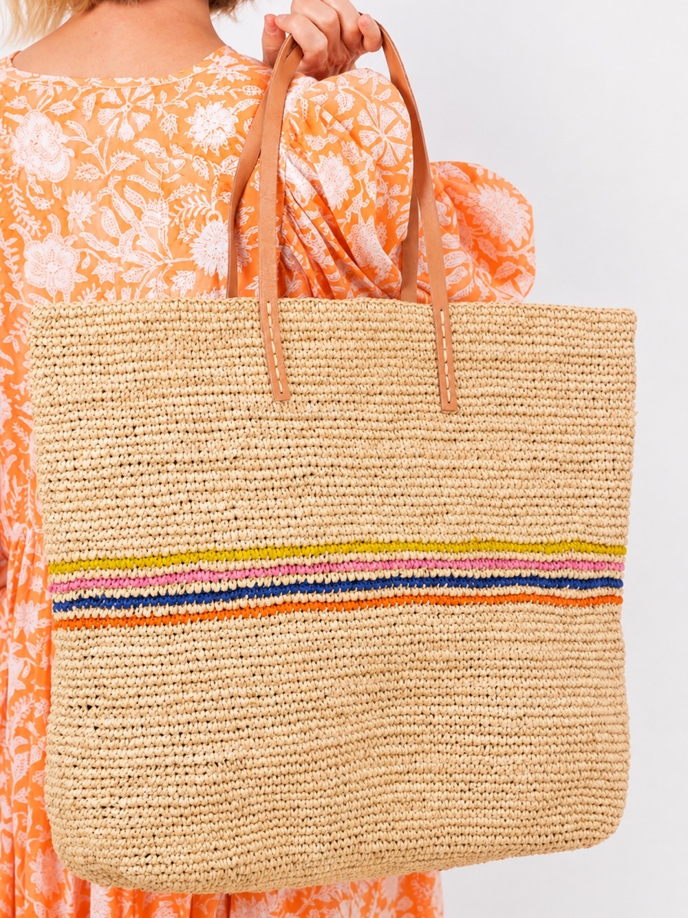 Hat Attack Raffia Straw Tote Multicolor Stripe Leather Handles Boho Beach Bag